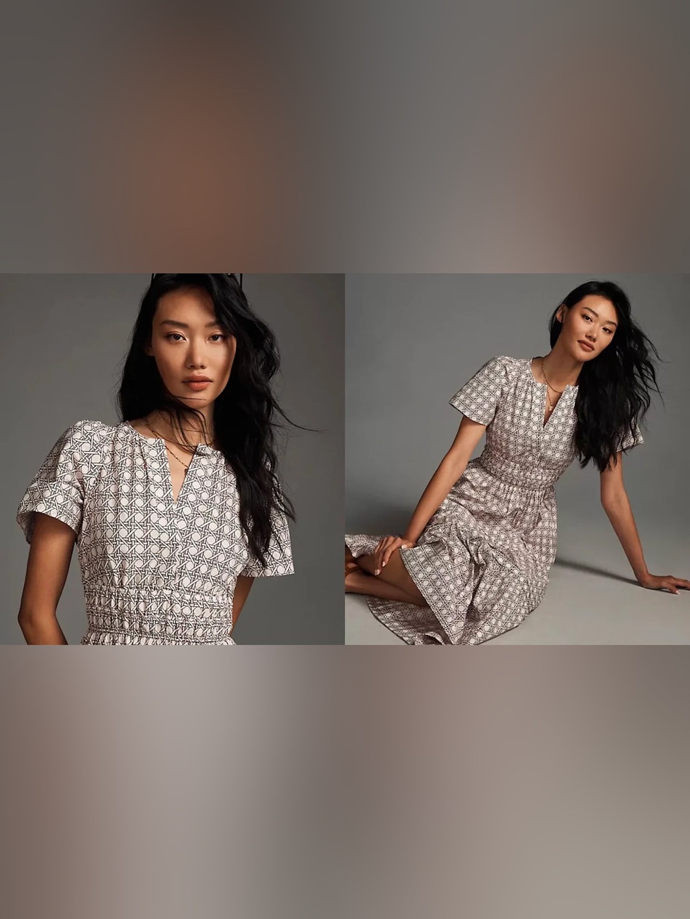 Anthropologie White Dress with Brick-Red Geometric Print